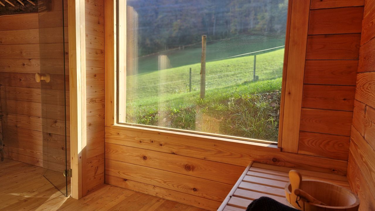 Blick von der Sauna nach Außen Blick von der Sauna nach Außen